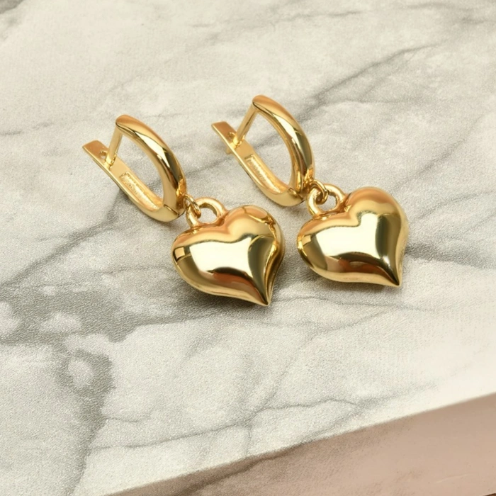 14K Altın Pofuduk Kalp Küpe, Romantik Günlük Altın Takı