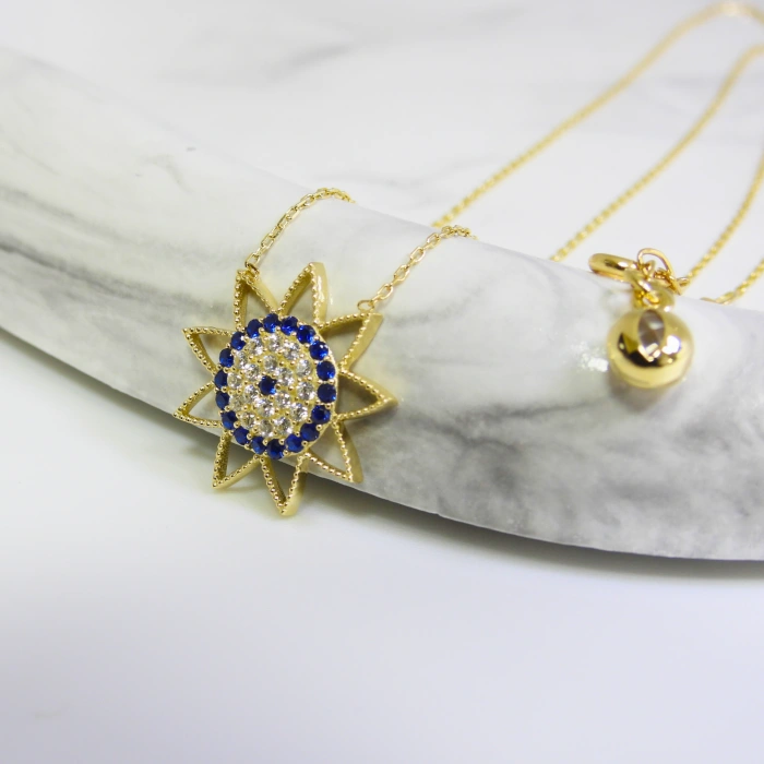 14K Altın Safir Taşlı Güneş Kolye, Minimal Güneş Patlaması Kolye