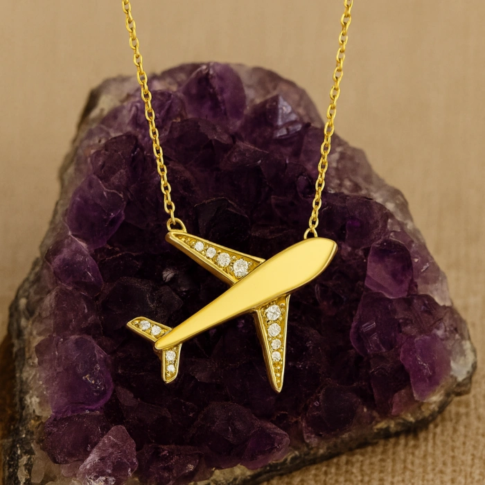 14K Gold Airplane Necklace, Necklace for Travel Lovers