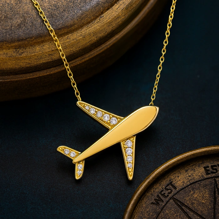 14K Gold Airplane Necklace, Necklace for Travel Lovers
