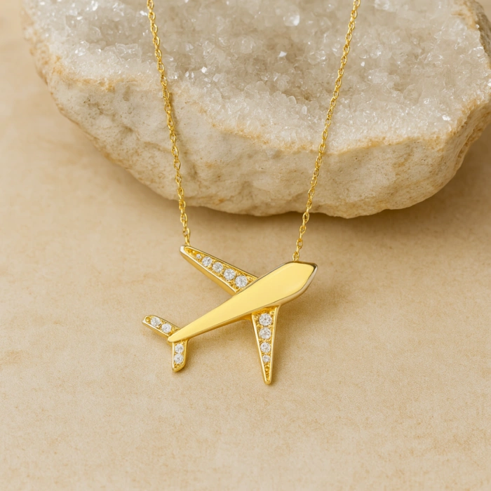 14K Gold Airplane Necklace, Necklace for Travel Lovers