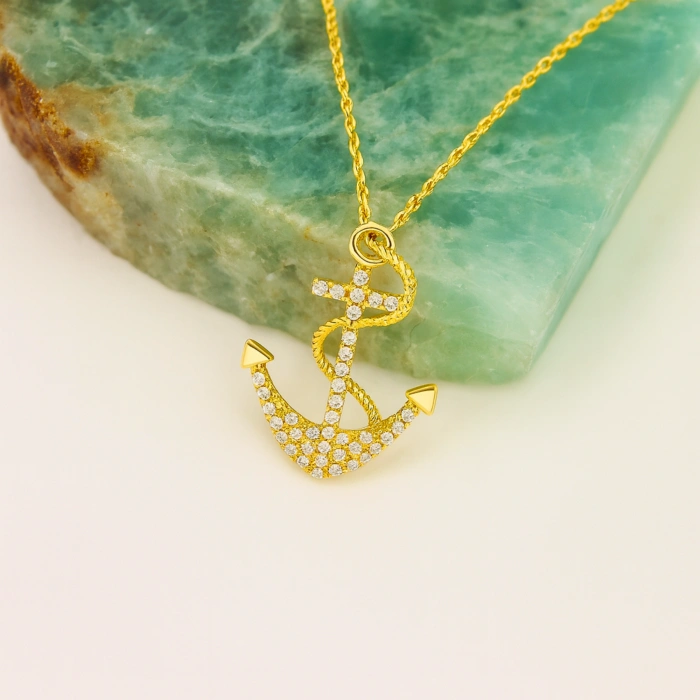 14K Gold Anchor Necklace, Rope Chain Necklaces, Anchor Jewelry, Ocean Beach Necklace