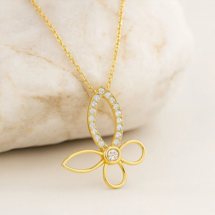 14K Gold Butterfly Necklace, Elegant Clover Necklace, Minimalist Luck Necklace