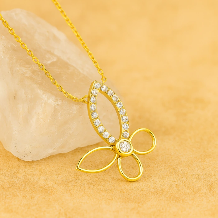 14K Gold Butterfly Necklace, Elegant Clover Necklace, Minimalist Luck Necklace