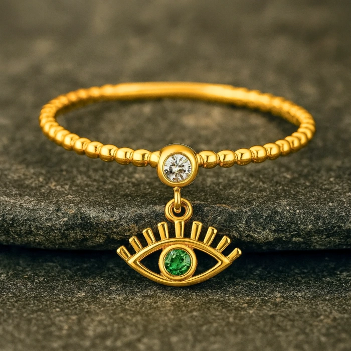 14K Gold Dangling Eye Ring, Turquoise Spiral Thin Ring, Minimal Colorful Stone Rings