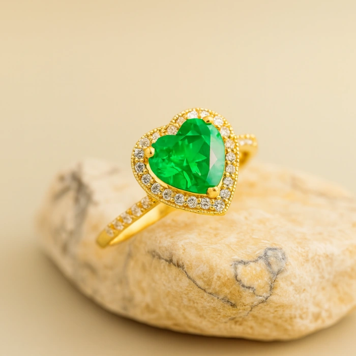 14K Gold Emerald Heart Ring, Precious Stone Rings