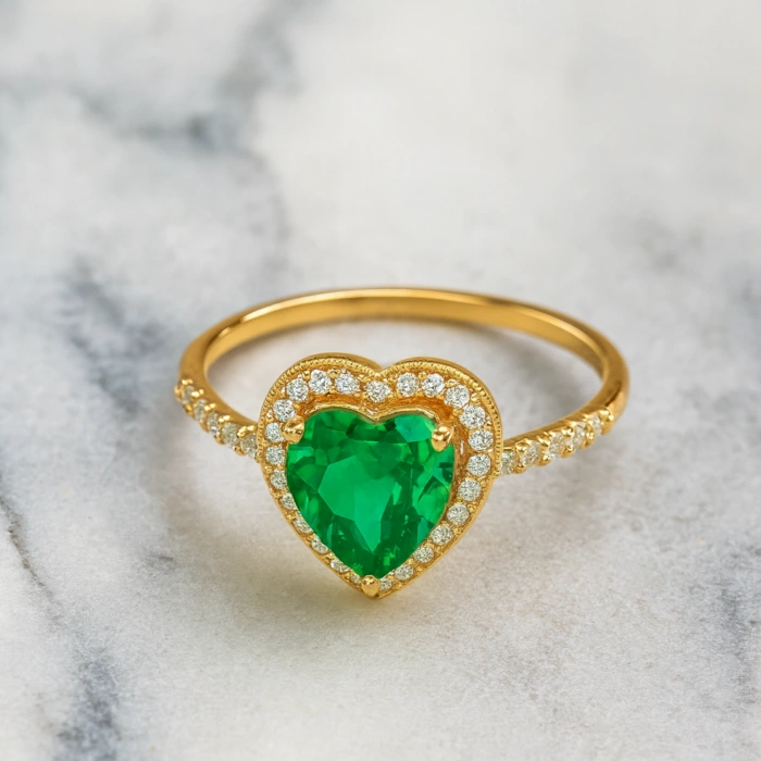 14K Gold Emerald Heart Ring, Precious Stone Rings