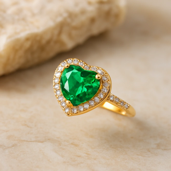 14K Gold Emerald Heart Ring, Precious Stone Rings