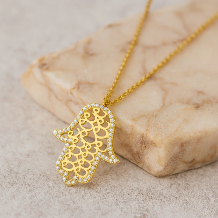 14K Gold Fatima Hand Necklace, Vav Pattern Hamsa Necklace, Islamic Gold Jewelry