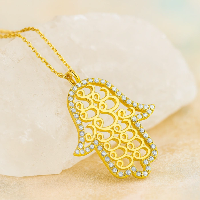 14K Gold Fatima Hand Necklace, Vav Pattern Hamsa Necklace, Islamic Gold Jewelry
