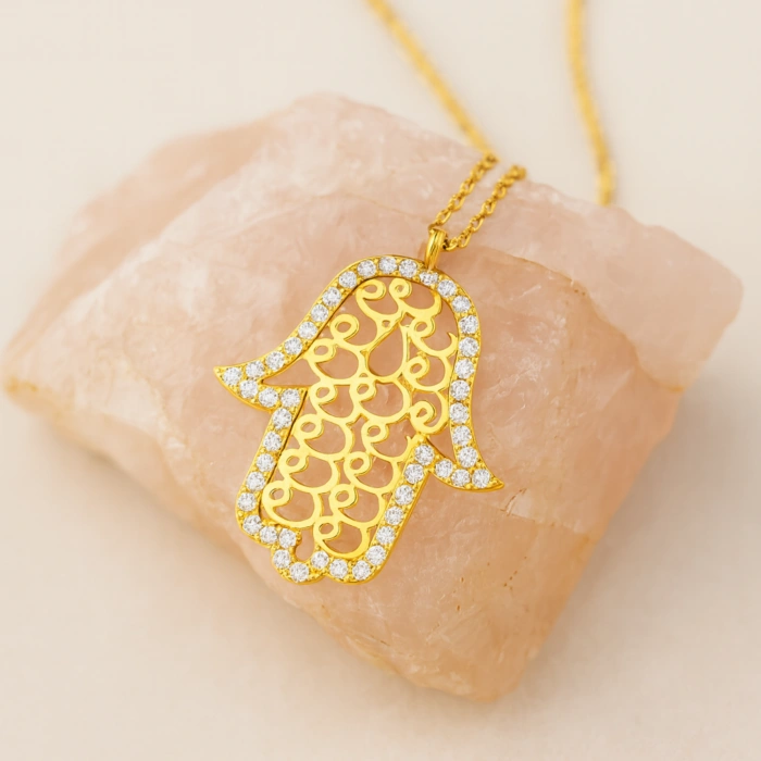14K Gold Fatima Hand Necklace, Vav Pattern Hamsa Necklace, Islamic Gold Jewelry