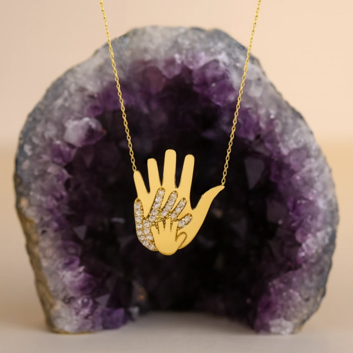 14K Gold Hand Necklace, Newborn Jewelry, Handprint Necklace, Baby Necklace for Mom