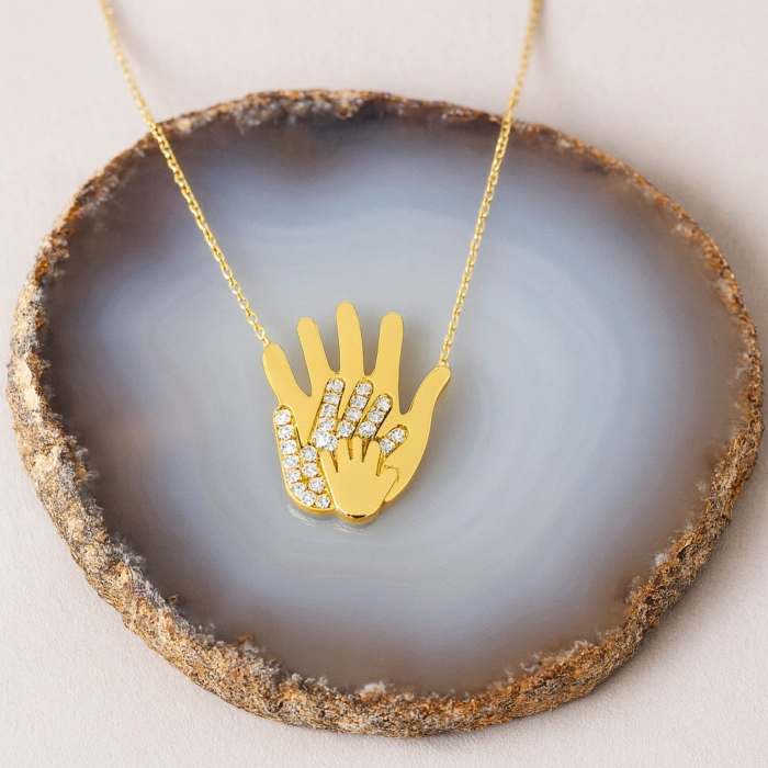 14K Gold Hand Necklace, Newborn Jewelry, Handprint Necklace, Baby Necklace for Mom