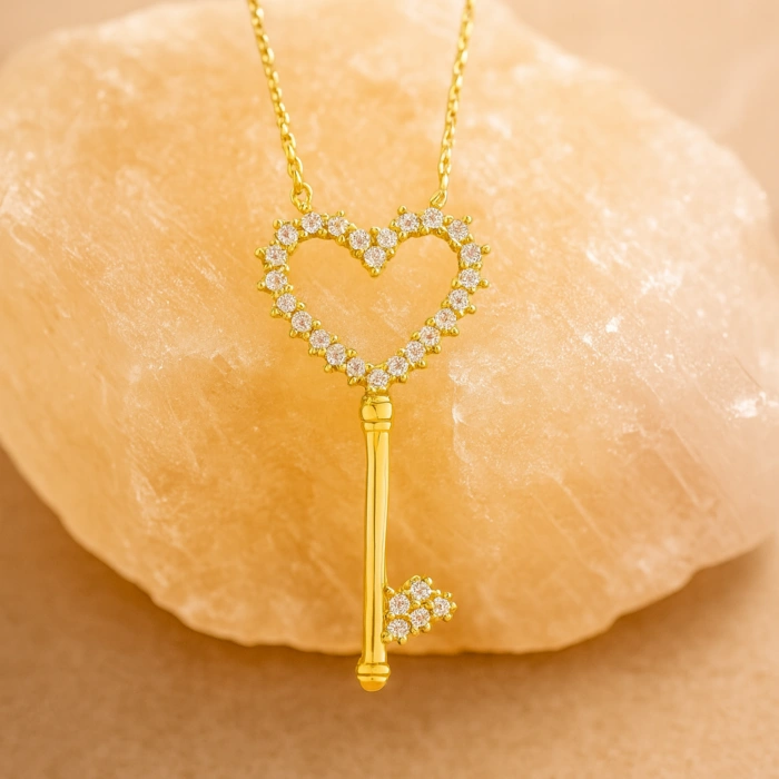 14K Gold Heart Key Necklace, Gold Lock Jewelry, Key to My Heart Necklace, Gift for Girlfriend