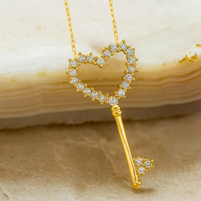 14K Gold Heart Key Necklace, Gold Lock Jewelry, Key to My Heart Necklace, Gift for Girlfriend