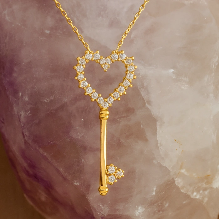 14K Gold Heart Key Necklace, Gold Lock Jewelry, Key to My Heart Necklace, Gift for Girlfriend