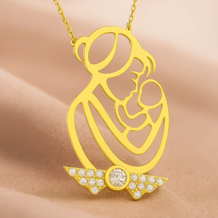 14K Gold Mother Holding Baby Necklace, New Mom Gift
