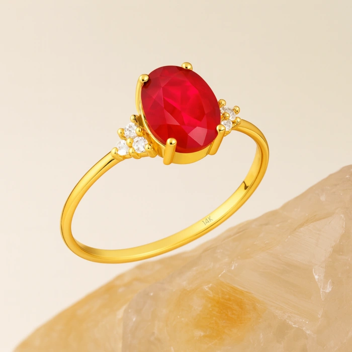 14K Gold Oval-Cut Ruby Ring, Unique Precious Stone Engagement Ring