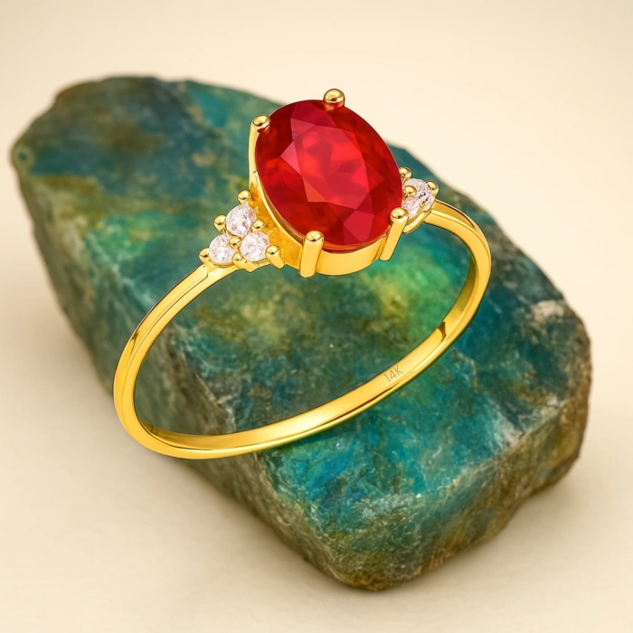 14K Gold Oval-Cut Ruby Ring, Unique Precious Stone Engagement Ring