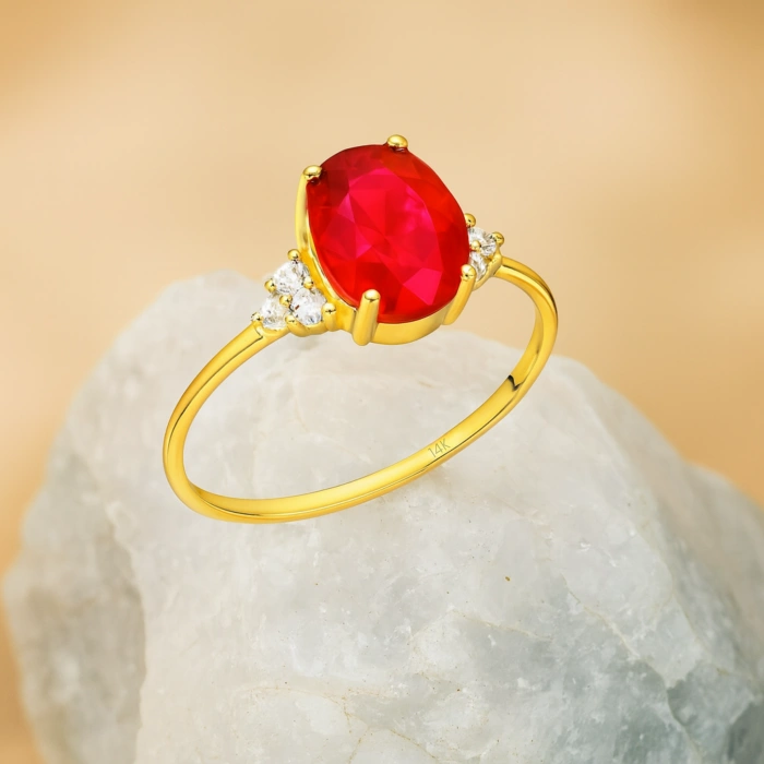 14K Gold Oval-Cut Ruby Ring, Unique Precious Stone Engagement Ring