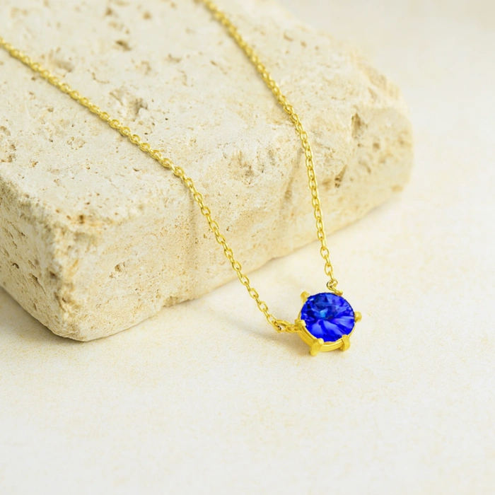 14K Gold Personalized Birthstone Necklace, Custom Colorful Jewelry, Solitaire Necklace