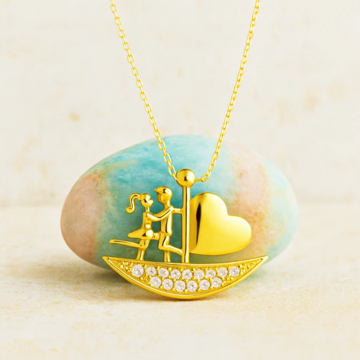 14K Gold Sailing Heart Necklace, Elegant Heart Necklace, Love Ship Necklace for Couples