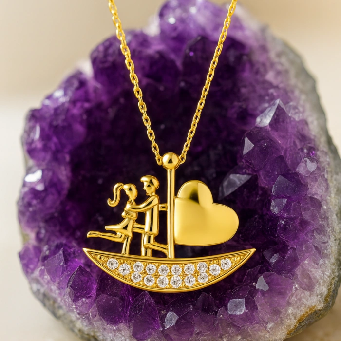 14K Gold Sailing Heart Necklace, Elegant Heart Necklace, Love Ship Necklace for Couples