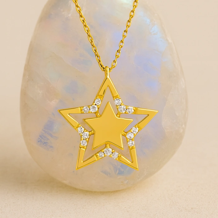 14K Gold Star Necklace, Elegant Gold Star Necklace for Women