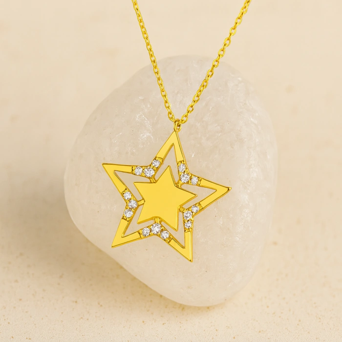 14K Gold Star Necklace, Elegant Gold Star Necklace for Women
