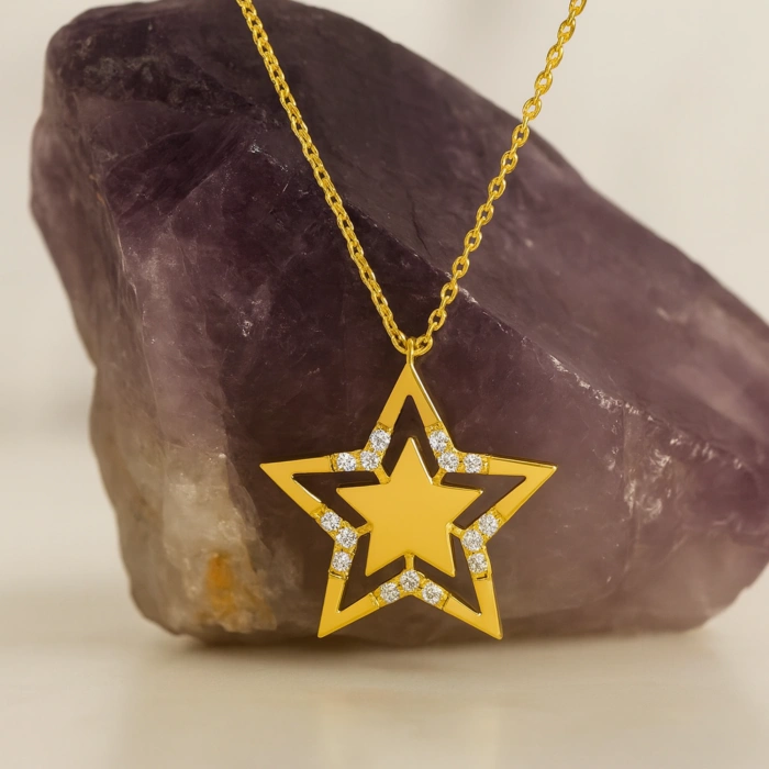 14K Gold Star Necklace, Elegant Gold Star Necklace for Women