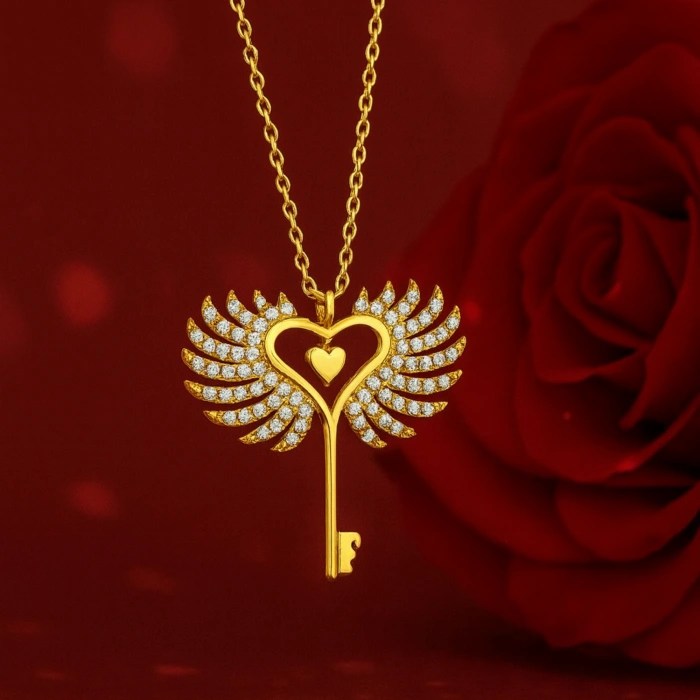 14K Gold Winged Heart Key Necklace, Angel Wing Jewelry
