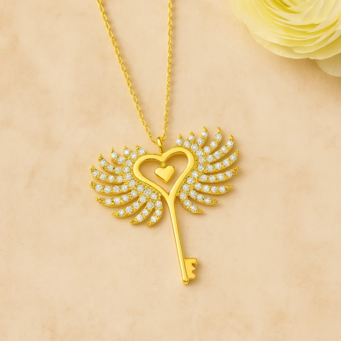 14K Gold Winged Heart Key Necklace, Angel Wing Jewelry