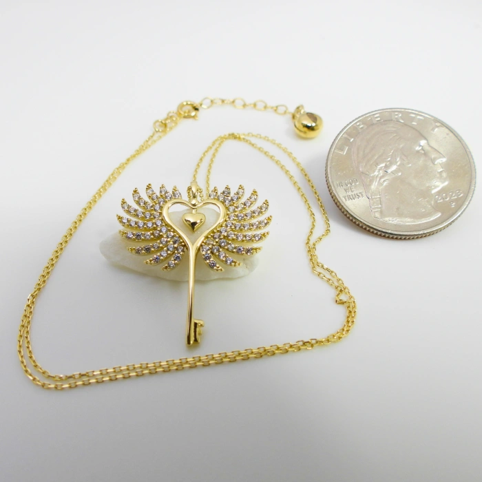 14K Gold Winged Heart Key Necklace, Angel Wing Jewelry