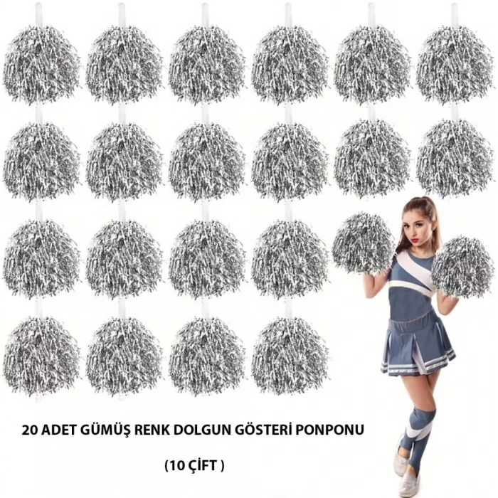 10 Çift ( 20 Adet ) Gümüş Renk 23 Nisan 19 Mayıs 29 Ekim Okul Gösteri Ponponları