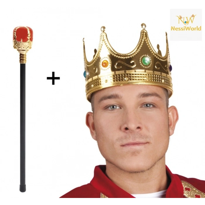 Altın Renk 60 cm Kral Tacı Kraliyet Tacı ve Kırmızı Topuzlu Kral Asası Seti