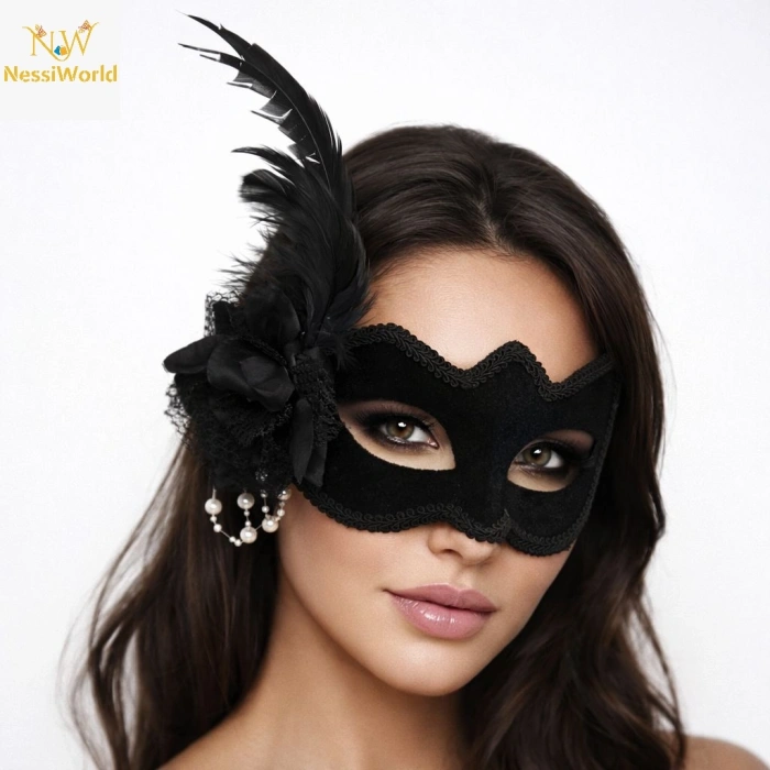 Beyaz İnci Detaylı Siyah Süet Venedik Kadın Maskesi Tüylü Güllü