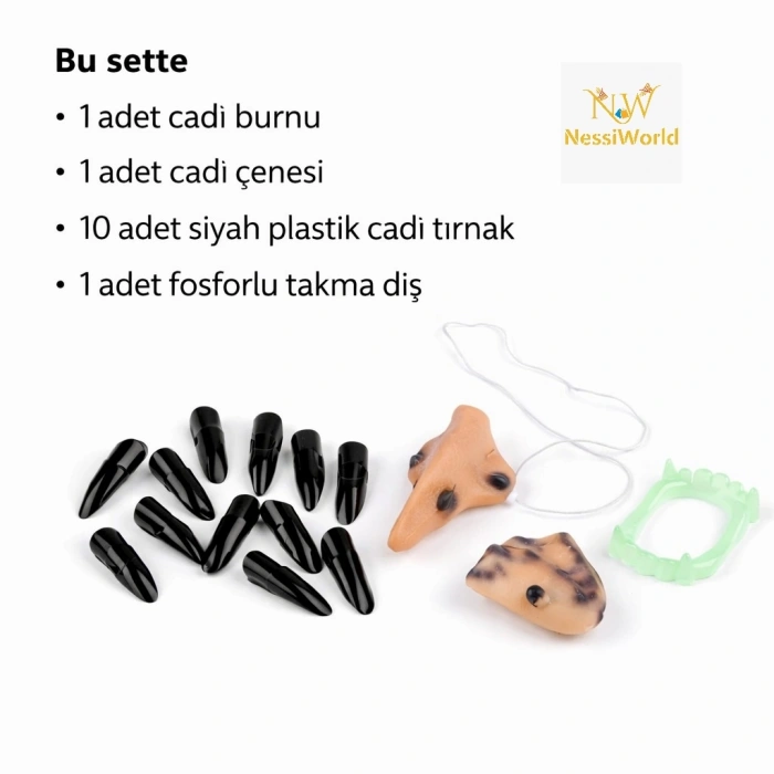 Cadı Aksesuar Seti – Burun, Çene, Fosforlu Diş ve 10 Adet Siyah Tırnak