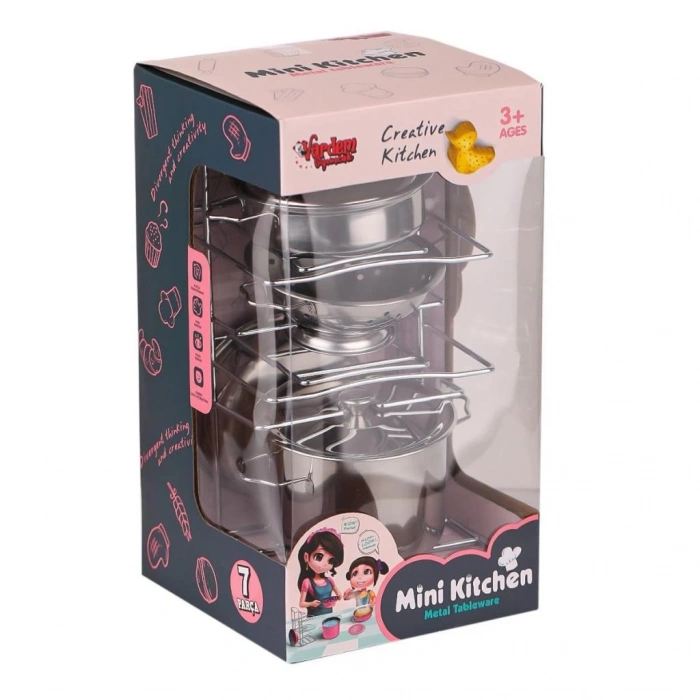 Çelik Tencere Tava Seti Raflı 8 Parça Çocuklar İçin Mutfak Eğitici Seti