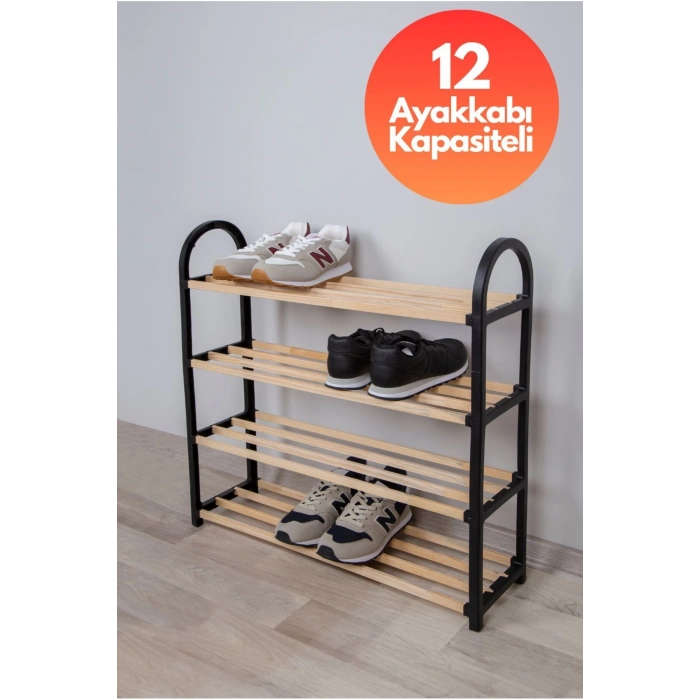 Ahşap Çubuklu 4 Bölmeli Siyah Ayakkabılık Masif Ahşap Ayakkabılık Raf Ünitesi