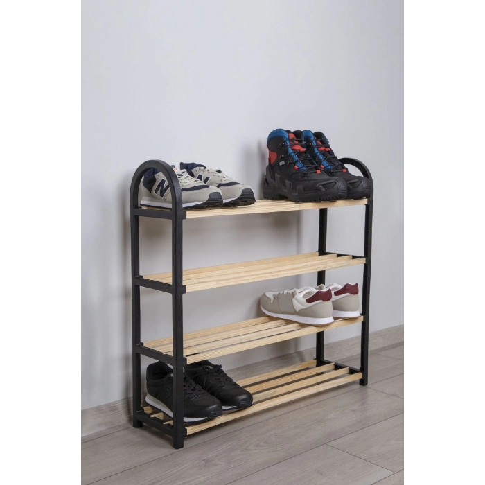 Ahşap Çubuklu 4 Bölmeli Siyah Ayakkabılık Masif Ahşap Ayakkabılık Raf Ünitesi