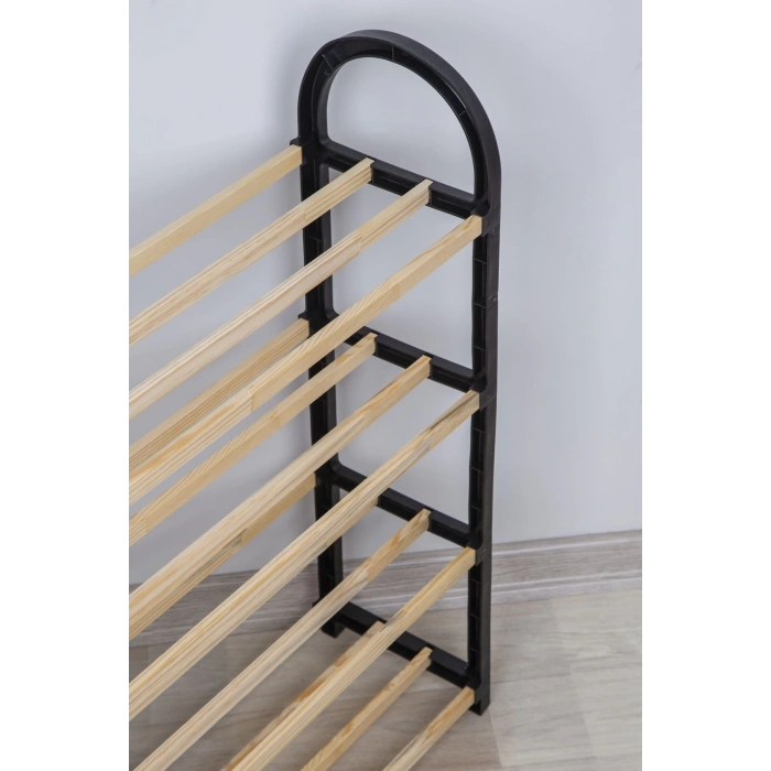 Ahşap Çubuklu 4 Bölmeli Siyah Ayakkabılık Masif Ahşap Ayakkabılık Raf Ünitesi