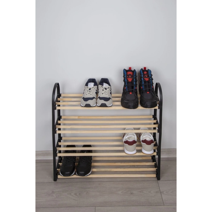 Ahşap Çubuklu 4 Bölmeli Siyah Ayakkabılık Masif Ahşap Ayakkabılık Raf Ünitesi