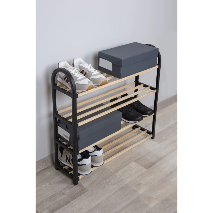 Ahşap Çubuklu 4 Bölmeli Siyah Ayakkabılık Masif Ahşap Ayakkabılık Raf Ünitesi