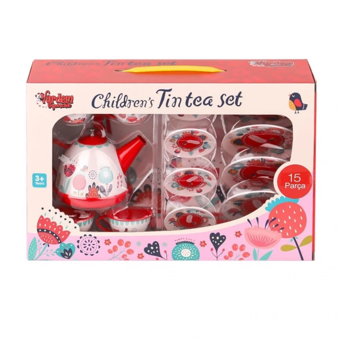 Çiçek Desenli Metal Çay Seti 15 Parça Çocuklar İçin Eğlenceli Oyun Seti