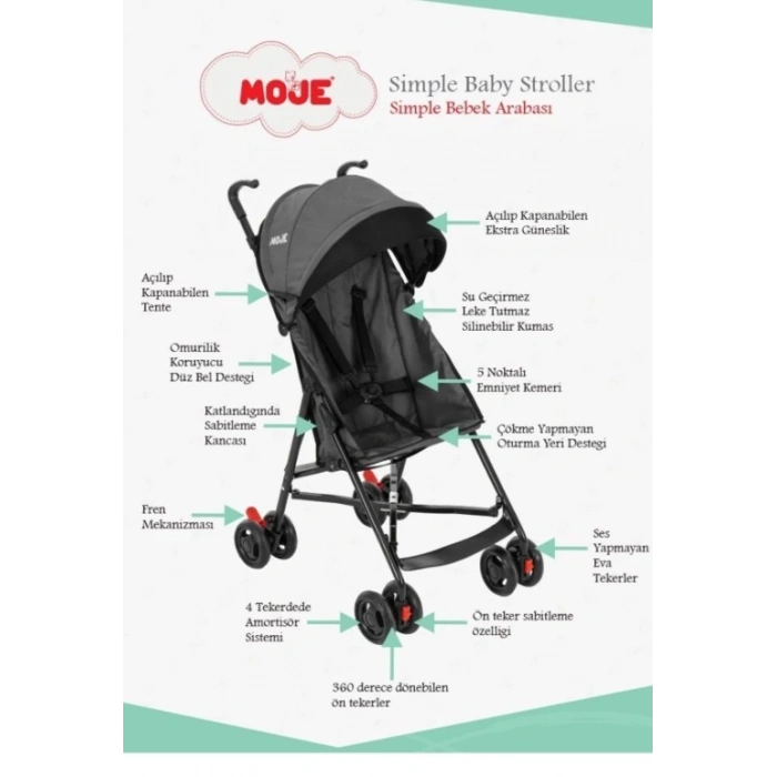 Çocuk Eğitici Gelişim Moje Simple Pratik Baston Bebek Arabası Gri
