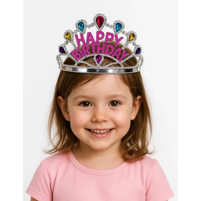 Çocuk Gümüş Renk Happy Birthday Yazılı Doğum Günü Tacı 60 cm
