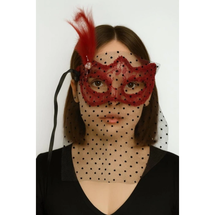 Çocuk Kırmızı Renk Dantelli Duvaklı Parti Maskesi Balo