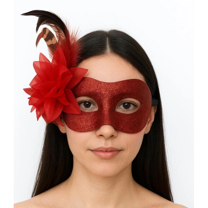 Çocuk Kırmızı Renk Metalize Sim Görünümlü Parlak Tüylü Parti Maskesi 22x19 cm