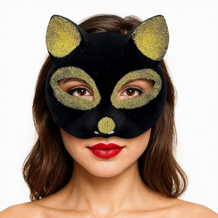 Çocuk   Siyah Renk Gold Simli Süet Kaplama Kedi Maskesi 18x14 cm