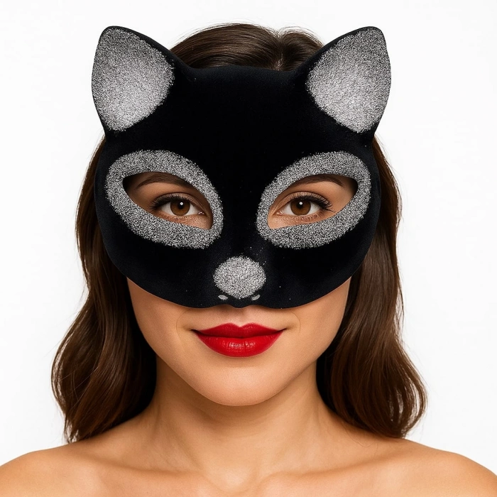 Çocuk Siyah Renk Gümüş Simli Süet Kaplama Kedi Maskesi 18x14 cm